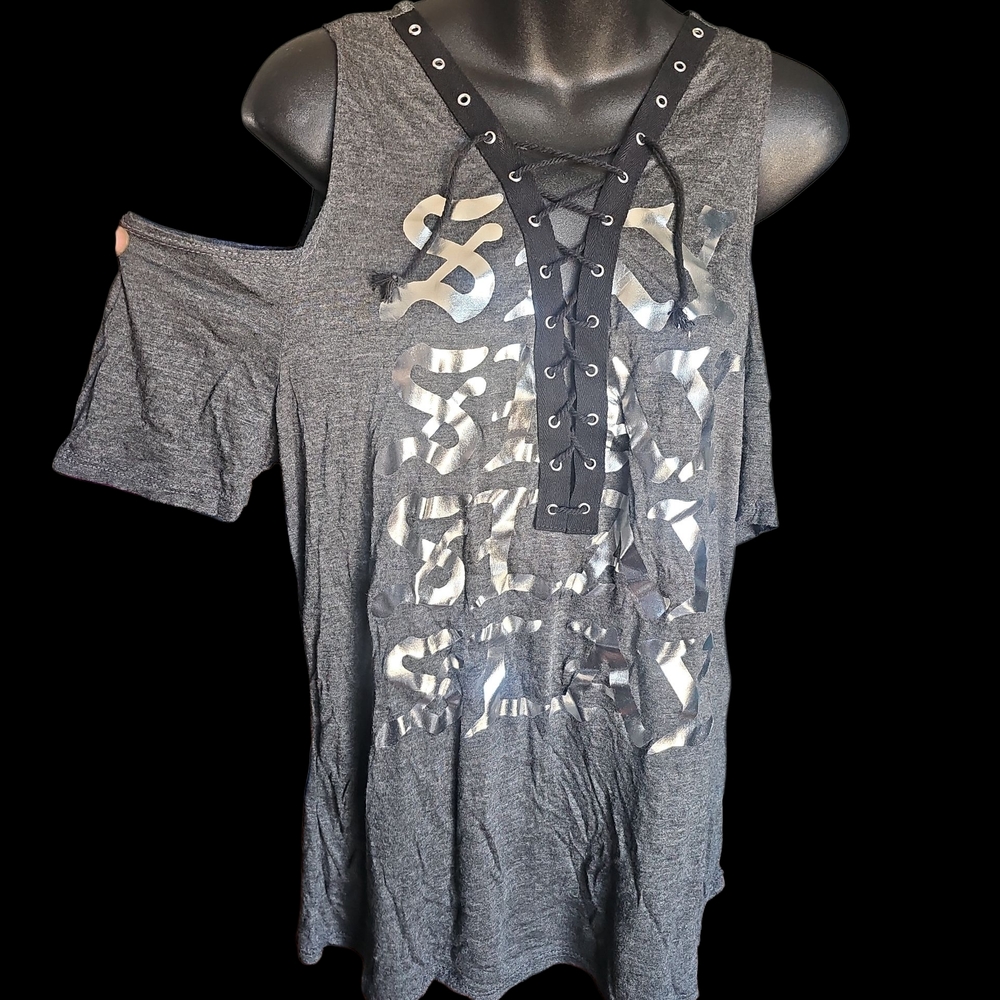 Gray Lace-Up Graphic Top